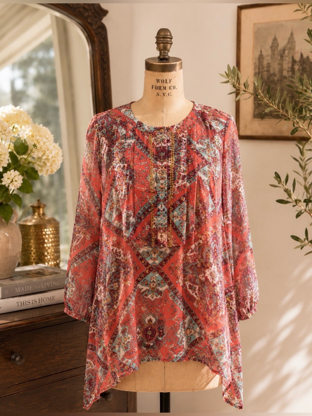 Umgee Boho Paisley Tunic Blouse Coral Aqua Sharkbite Hem Oversized Small
